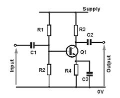 <em>Common-emitter amplifier: The input and output signals both share a connection to the emitter</em>